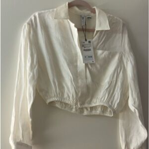 NWT Zara cropped off white cream Oxford style shirt size XS